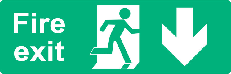 Green and white vector graphic of a fire exit sign. It consists of an arrow pointing down  indicating the direction of escape a person in a firedoor and a label with the text Fire Exit.