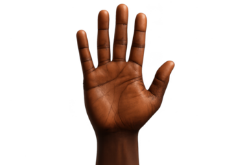 Open human hand, dark skin, isolated subject on transparent background