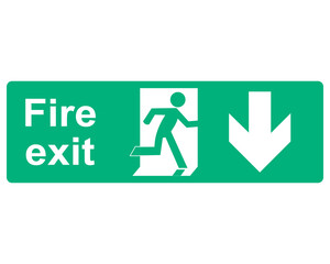 Transparent PNG file of green and white vector graphic of a fire exit sign. It consists of an arrow pointing down  indicating the direction of escape a person in a firedoor and the text Fire Exit.