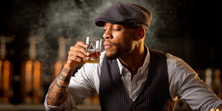 A black man bootlegger is distilling whiskey in a liquor distillery