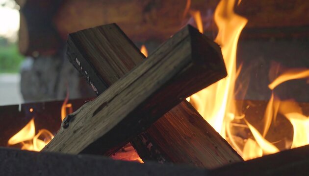 Close-up view of burning wood pieces in a fire pit, showcasing the vibrant orange flames and dark wood tones.