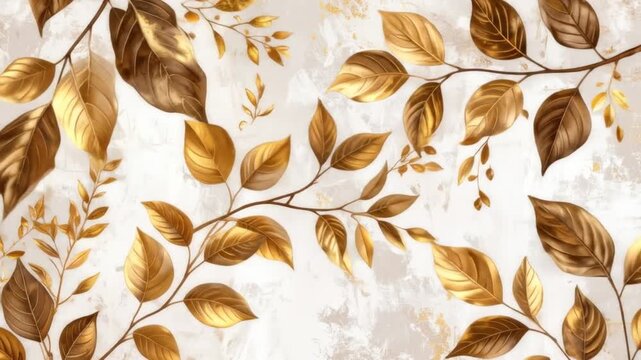 Elegant Golden Leaves and Branches Pattern on Textured Background Autumnal Floral Design for Fabric Wallpaper and Decoration Neutral Color Palette