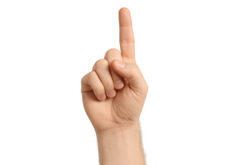 Male hand pointing index finger up, isolated on transparent background, close-up
