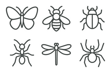 Silhouette insects icon set featuring butterfly, bee, beetle, ant, dragonfly, and spider symbols