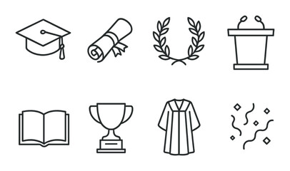 Linear education icons set featuring graduation cap, diploma, laurel, podium, book, trophy, gown, confetti