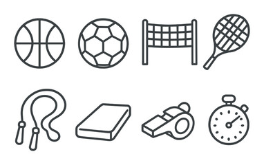Silhouette sports icon set featuring basketball, soccer, volleyball, tennis, jump rope, mat, whistle, and stopwatch