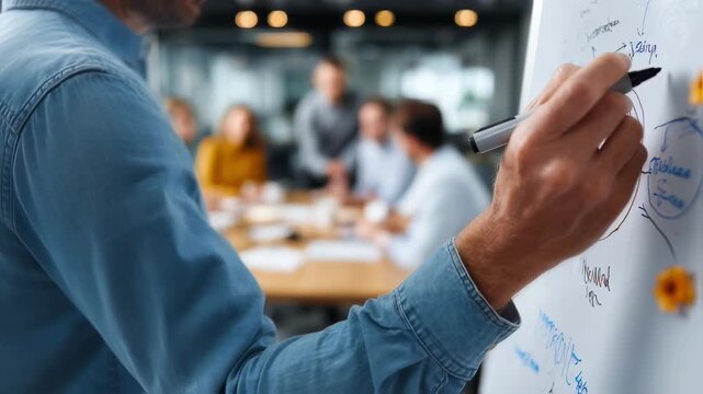 Medium shot with sharp focus on a facilitator holding a marker near the fishbone diagram highlighting key netpromoterscore drivers while blurred participants take notes in a