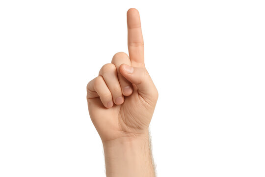 Male hand pointing index finger up, isolated on transparent background, close-up