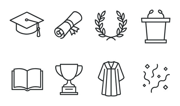 Linear education icons set featuring graduation cap, diploma, laurel, podium, book, trophy, gown, confetti
