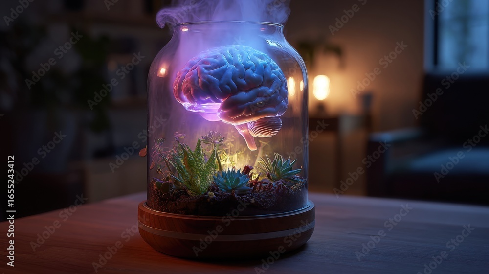 Aufkleber a glowing brain model suspended in a glass container filled with soil and succulents, creating a uni