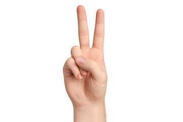Human hand displaying the peace sign isolated on transparent background.