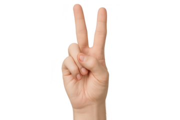 Human hand showing victory or peace sign isolated on transparent background