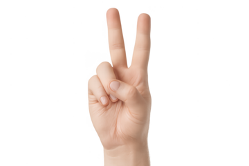 Human hand showing peace sign gesture, isolated on a transparent background