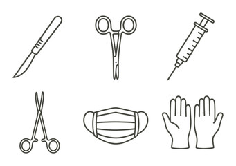 Silhouette medical icon set featuring scalpel, scissors, syringe, forceps, mask, and gloves symbols