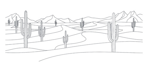 Obraz premium Detailed line art drawing depicting a classic desert scene with majestic saguaro cacti dotting the undulating terrain, silhouetted against a backdrop of distant mountains under a vast, open sky.