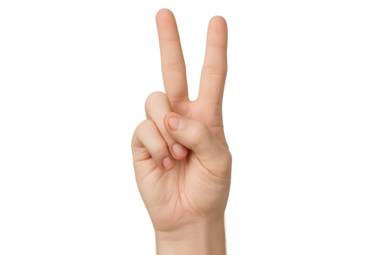 Human hand showing victory or peace sign isolated on transparent background