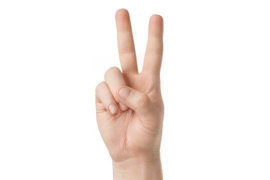 Human hand showing peace sign gesture, isolated on a transparent background - Powered by Adobe