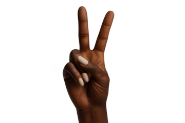Dark-skinned hand with peace victory sign isolated on transparent background.