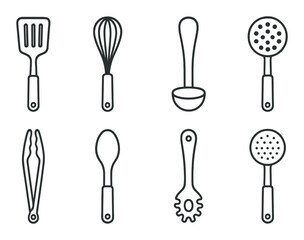 Silhouette kitchen tools icon set featuring spatula, whisk, ladle, tongs, slotted spoon
