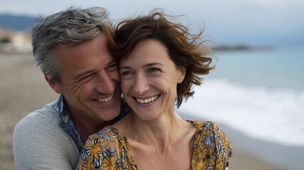 Smiling mature couple embracing tenderly on the beach with the ocean backdrop creating a warm romantic atmosphere