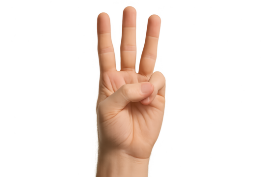 Hand showing three fingers gesture, isolated on transparent background, count