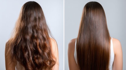 Before and after hair comparison with batana oil treatment, showing transformation from dry frizz to smooth glossy strands.