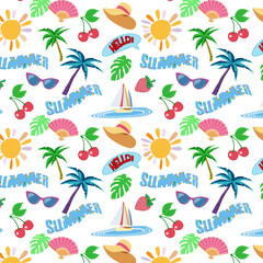 Seamless pattern with sun, palm trees, hat, glasses, fan, fruits and yacht on summer theme
