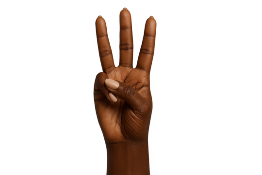 Dark-skinned hand showing three fingers isolated on transparent background.