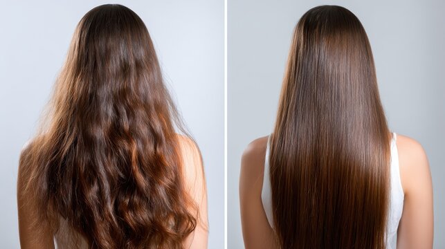 Before and after hair comparison with batana oil treatment, showing transformation from dry frizz to smooth glossy strands.