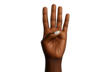 Dark-skinned hand showing number four gesture isolated on transparent background