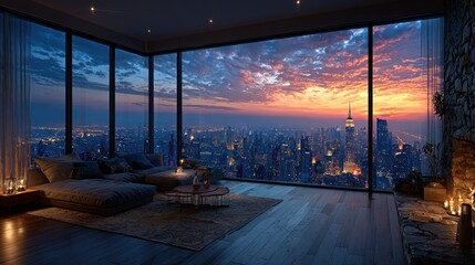 Modern penthouse living room with city sunset view