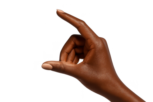 Dark-skinned hand making a C-shape gesture, isolated on transparent background