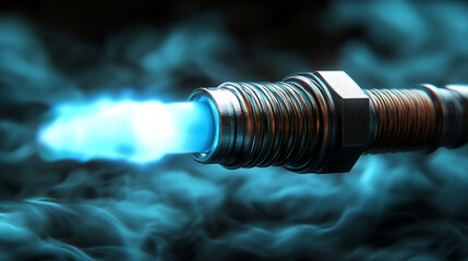 3d rendering of a spark plug at the exact moment of spark generation, symbolizing ignition, power, technology, and energy in automotive engineering and innovation.