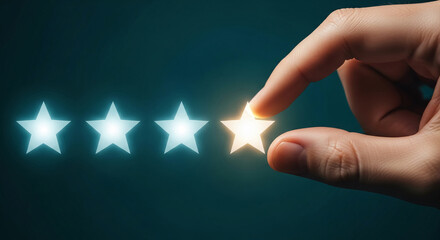 Hand selecting glowing star, four stars represent rating, showcasing excellence, achievement, and positive feedback concept