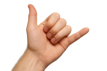 Male hand making shaka or hang loose gesture, isolated on transparent background