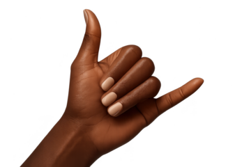Dark-skinned hand making shaka sign with nude nails isolated on transparent background