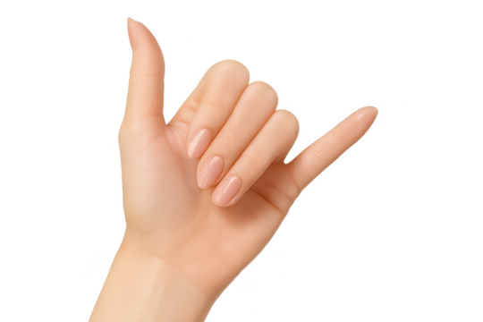 Female hand showing shaka hang loose gesture, isolated on transparent background