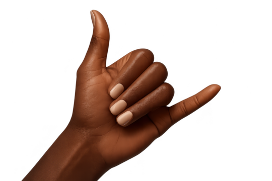 Dark-skinned hand making shaka sign with nude nails isolated on transparent background