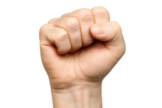 A powerful human fist clenched tight, expressing strength, isolated on transparent background.