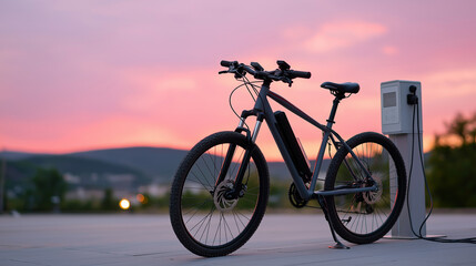 Fototapeta premium Electric Tactical Bike Parked at Charging Rack at Dusk