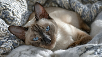 Playful scene of Siamese cat resting on a soft blanket, eyes lifted longingly upward, sunlight casting delicate highlights on its silky fur