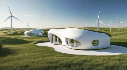 modern futuristic architecture with wind power integration in natural grassy landscape for design projects