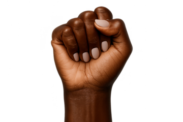 Dark-skinned hand in a powerful clenched fist gesture, isolated on transparent background.