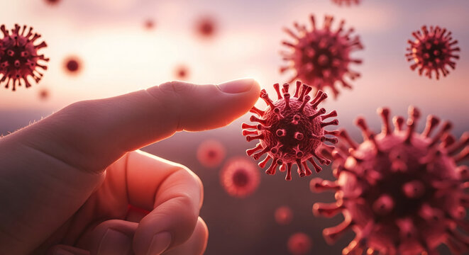 Close-up of fingertip and several red viruses, set against a blurred sunset background.  Illustrates the concept of human interaction with microscopic pathogens.