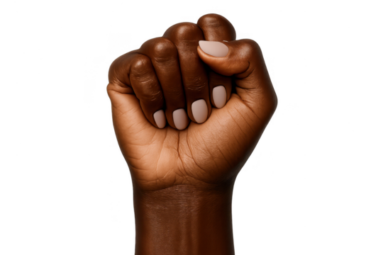 Dark-skinned hand in a powerful clenched fist gesture, isolated on transparent background.