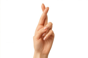 Female hand with fingers crossed gesture, isolated on a transparent background.