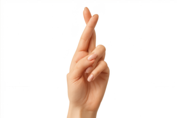 Female hand with fingers crossed gesture, isolated on a transparent background.