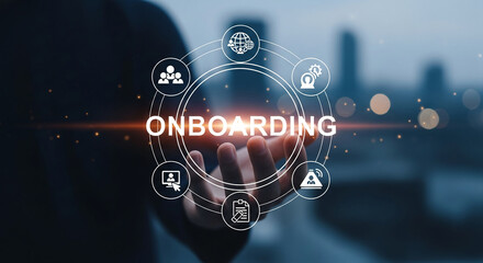 Fototapeta premium Hand interacting with digital interface showing onboarding process, symbolized by circular icons representing team, global network, training, and support, representing efficient employee integration