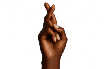 African American hand with crossed fingers gesture, isolated on a transparent background