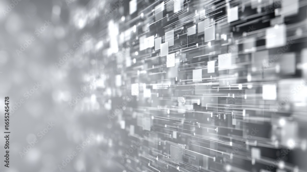 Poster the artwork showcases an abstract representation filled with shimmering silver and white squares and